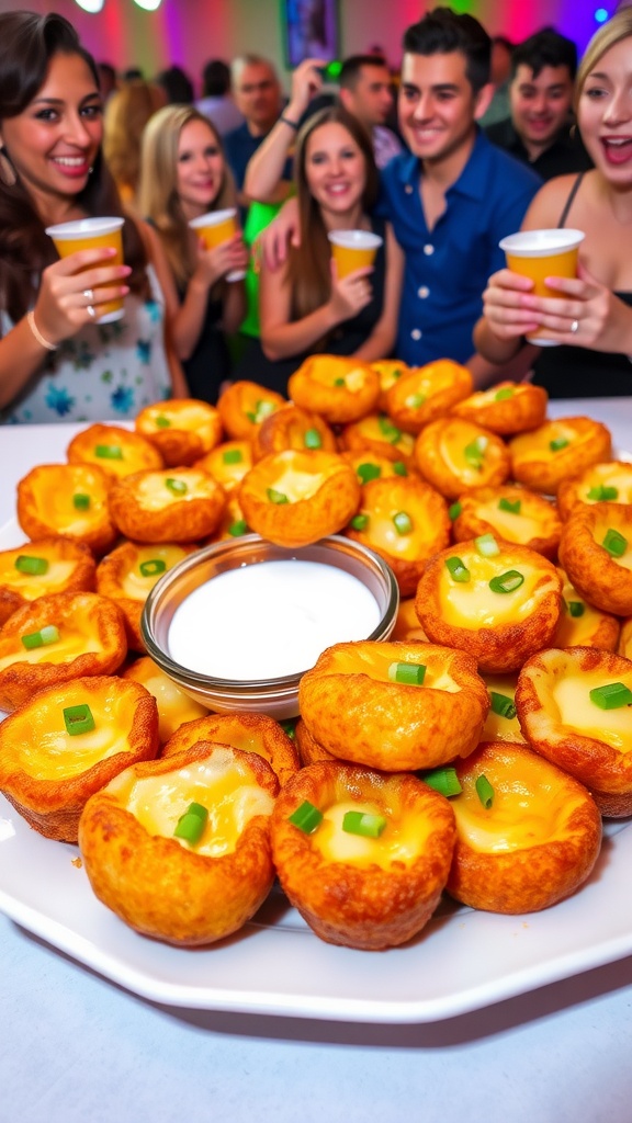 Savory snack banner bites on a colorful platter with ranch dressing, surrounded by party guests.
